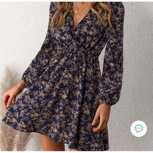 Cupshe Womens XL Dress Alison Ditsy Floral Peasant Sleeve Wrap Navy Light NEW